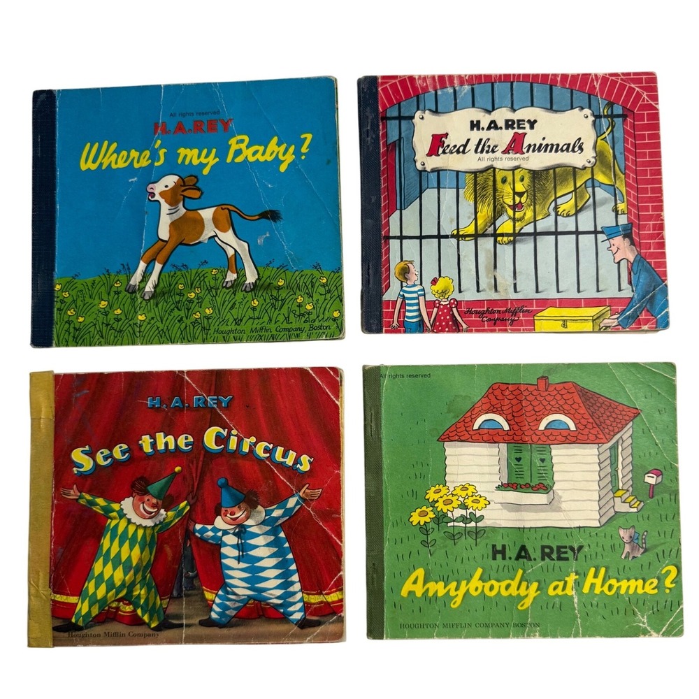 4 Vintage H.A. Rey 1940s First Editions Cloth Spine Lift The Flap Book Lot Set